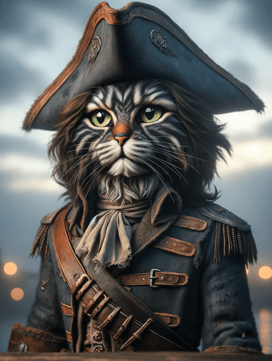 Regal pet captain in a navy coat with gold trim